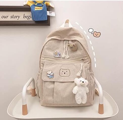 YUESUO Large Kawaii Corduroy Backpack with Cute Bear Pendant Vintage Bag for Girl Student School Bag Bookbag Satchel Laptop (Beige,Medium) in Kuwait