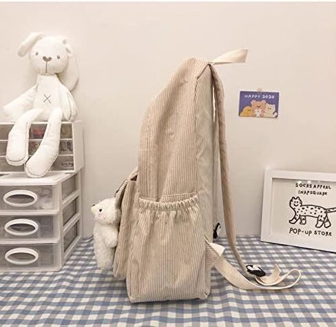 YUESUO Large Kawaii Corduroy Backpack with Cute Bear Pendant Vintage Bag for Girl Student School Bag Bookbag Satchel Laptop (Beige,Medium) in Kuwait