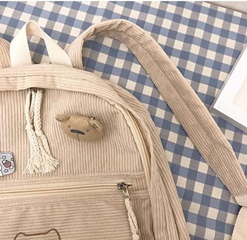 YUESUO Large Kawaii Corduroy Backpack with Cute Bear Pendant Vintage Bag for Girl Student School Bag Bookbag Satchel Laptop (Beige,Medium) in Kuwait