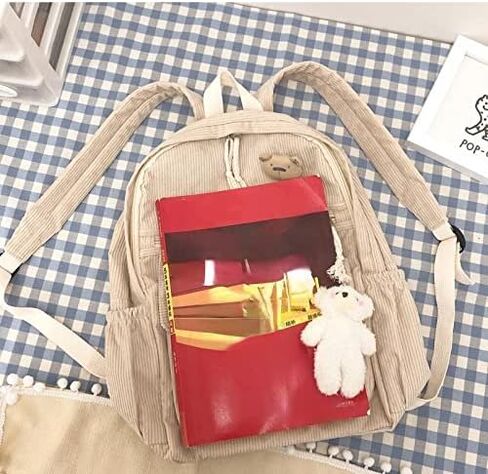 YUESUO Large Kawaii Corduroy Backpack with Cute Bear Pendant Vintage Bag for Girl Student School Bag Bookbag Satchel Laptop (Beige,Medium) in Kuwait