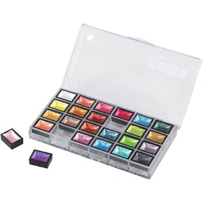 SoHo Urban Artist Mini Pan Metallic Watercolor Set of 24 – Luminous Shimmering Mini Pans, Professional Watercolor Paint Set in Clear Plastic Case, Semi-Moist Watercolor Pans for Easy Color Lift