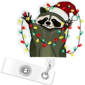 Christmas Raccoon Badge Reel Retractable: Funny Santa Badge Reel Winter Animal ID Badge Holder Retractable with Clip for Holiday Nurse Doctor Medical Worker Nursing Student