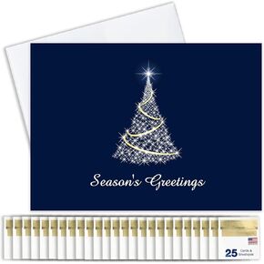 Season’s Greetings Cards for Business & Family (Twinkling Tree) Bulk Greeting Card Set Pack of 25 Christmas Cards with Envelopes (5x7 inch - A7) Great for Office, Work, Employees & Clients H1506