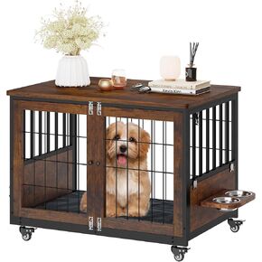 YITAHOME Dog Crate Furniture with Feeder Bowls, 31.4" Dog Kennel End Table with Wheels and Flip Top, Heavy Duty Dog Kennel for Small/Medium Dogs, Brown