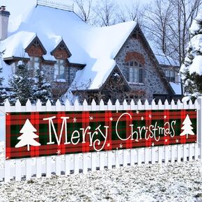 Probsin Large Christmas Banner 120" x 20" Xmas Outdoor Decorations Double Printed Green Red Buffalo Plaid Trees Yard Sign Holiday Party Supplies Home Decor for Garden House Fence Garage Indoor Gifts