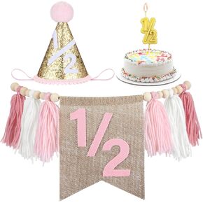1/2 Birthday Supplies Includes 1/2 Birthday High Chair Banner Half Birthday Hat Gold Half Birthday Candle 1/2 Year Old Cake Topper 6 Months Tassel Wood Bead Highchair Garland(Blue)