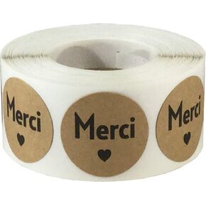 Merci French Thank You Natural Kraft Adhesive Stickers 1 Inch Round Labels 500 Labels Per Roll