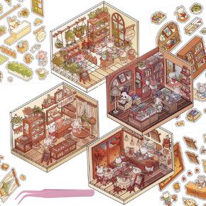 4Pcs DIY 3D Cute Fun Mini House Stickers with Tweezers Make Your Own Mini Room Scenes Craft Scrapbook Stickers for DIY Art Bullet Junk Journal Planners Decor for Relief Stress Pass The Time