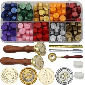 Initial Alphabet T Wax Seal Stamp Kit, 2Pcs Wreath Letter T Wax Sealing Stamp with 200Pcs Wax Seal Beads in 10 Colors, Wax Seal Spoon, Wax Seal Pen and Candles (10#T)