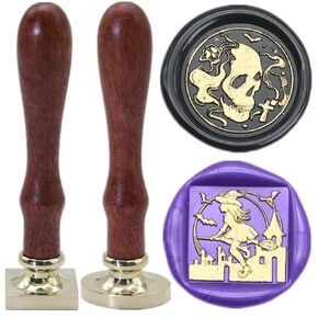 Halloween Wax Seal Stamp Set, ONWINPOR Skull Skeleton Wax Seal Stamp Set Removable Brass Head Sealing Stamp, Broom Wizard Dragon Wax Seal Stamp Kit Great for Decorating Party Invitations (WKit02)
