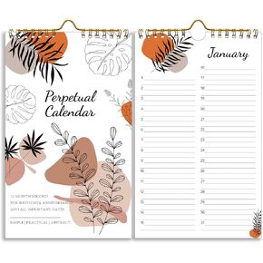 Perpetual Calendar – Undated Calendar 12-Month for Birthday, Anniversaries, Important Days, Festivals Reminder, 6’’ x 10’’ with 2 Lines Per Days, Twin-wire Binding, Thicker Paper, Minimalist Design