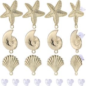 SUNNYCLUE 1 Box 30Pcs Shell Earring Posts Gold Ocean Earring Posts Alloy Sea Animal Earring Studs with Loop and Ear Nuts Seashell Starfish Snail Stud Earring Findings for Jewelry Making Supplies DIY