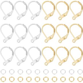 Beebeecraft 1 Box 20Pcs Leverback Earring Findings 24K Gold & 925 Sterling Silver Plated French Earring Hooks 15.6x10x2mm Interchangeable Dangle Ear Wire with Jump Rings for Jewelry Making