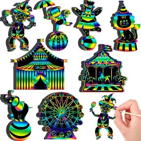 RoundFunny 80 Pcs Carnival Cutouts Scratch Cards Circus Theme Party Crafts Kids Colorful Circus Animals Scratch Paper for DIY with 80 Pcs Stick and Ribbon for Birthday Party Classroom Rewards Art