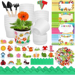 Elcoho 24 Packs Garden Plastic Pot Craft Kit Plant Spring Craft Kits for Kids Flower Pots with 150 Foam Stickers 36 Labels 24 Certificate of Awards 3 Tools Planting Growing Kit for Kids