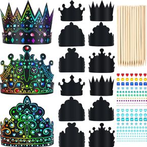 220 Pcs Paper Crowns Set Scratch DIY Paper Crowns with Rainbow Color DIY Craft Scratch Headband for Classroom Kids Boys Girls Adult with Gem Jewels Stickers Wooden Sticks Elastic Bands for DIY Decor