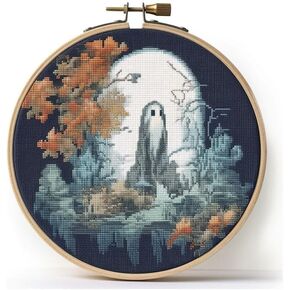 Generic Counted Easy Cross Stitch Kits Halloween of Ghost Color Stamped Embroidery for Starter Kits DIY 11CT Stamped Patterns Embroidery Needlework Kit Supplies 12 Inch Hoop Included(26-X)