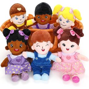 Basket of Baby Plush Dolls - 8" Plush Diversity Baby Dolls- 6 Piece Set Interchangeable Clothes Soft Stuffed Plush Figures for All Ages Xmas Gift