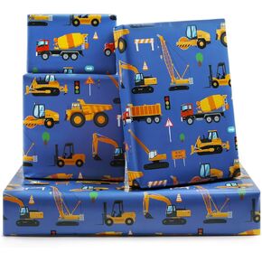 Birthday Wrapping Paper Construction Design 6 Sheets,Road Under Construction Excavator Tractor Dump Truck Wrapping Paper for Kids Boys,Folded Flat 20x28 inches per Sheet for Birthday Baby Showers