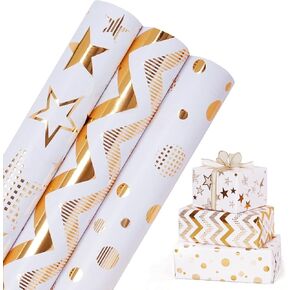 Christmas Gift Wrapping Paper Rolls, 3 Rolls Gold Foil Xmas Wrapping Paper, Polka Dots/Wavy Stripes/Star Christmas Wrapping Paper Mini Roll for Xmas, New Year, Holiday Party - 17 Inch X 120 Inch