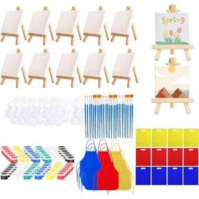 Mini Canvas and Easel Set for Kids,12 Sets All-in-One Small Canvas Kids Painting Kit, with Mini Canvases, Easels, Brushes & Aprons - for Sip & Paint Party & Art Supplies