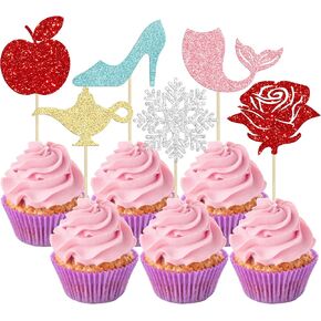 Gyufise 36Pcs Princess Cupcake Toppers Colorful Glitter Mermaid Girl Castle Carriage High Heel Crown Cupcake Picks Princess Theme Baby Shower Girls Birthday Party Cake Decorations Supplies