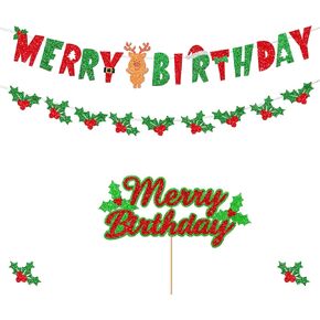 Glitter Christmas Birthday Banner Merry Birthday Christmas Decorations Banner Red Green Christmas Happy Birthday Cake Toppers Xmas Birthday for Birthday Decoration Baby Shower Party Decorations