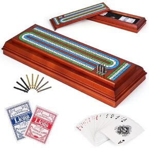 Wooden Cribbage Board Game Set with Large Storage Area, Solid Wood 3 Track Cribbage Board, 9 Metal Pegs, 2 Playing Cards and Instruction. Travel Family Game Night Travel Cribbage Sets for All Ages