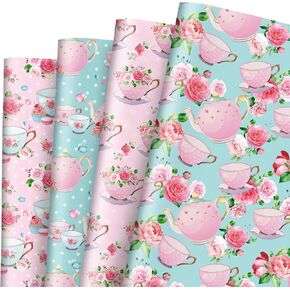 JarThenaAMCS 8 Sheet Tea Party Wrapping Paper -Not Roll- Watercolor Pink Floral Teapot Gift Wrap Paper Folded Flat Art Paper for DIY Crafts Gift Wrapping