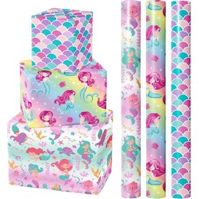 WRAPAHOLIC Mermaid Wrapping Paper Roll - 3 Short Roll - Birthday Wrapping Paper for Kids Girls Birthday, Mermaid Party, Baby Shower - 17 Inch x 120 Inch Per roll