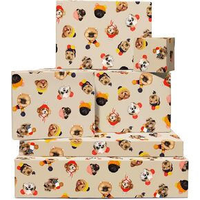Dog Christmas Wrapping Paper Brown Beige - 6x Wrapping Paper Sheets - Cute Winter Doggos in Hats - Puppy - Dog Wrapping Paper - Holiday Presents Gift for Fur Parents Mom Dad - Thick & Recyclable