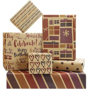 Kraft All Occasion Gift Wrapping Paper Birthday Gift Wrap 6 Sheets For Men Women Boys Girls Kids | Dark Pupple Brown Blue | For Birthdays Fathers Day Halloween Weddings Showers Holidays Thanks Giving Christmas Gifts