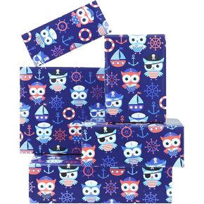 Lovely Owl Dressed As Pirate Seafarer Captain Design Wrapping Paper, Sailboat Anchor Lifebuoy Rudder Printed Gift Wrap Paper Flat Sheet for Kids Boys Girls Birthday, Holiday, Wedding, Baby Shower