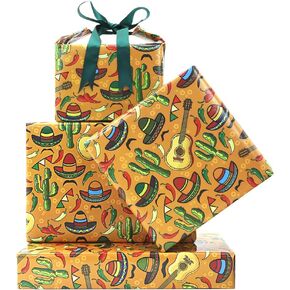 Mexican Fiesta Wrapping Paper, Cactu Chili Pepper Sombrero Guitar Mustache Printed Mexico Party Gift Wrap Folded Flat for Mexican Themed Cinco De Mayo Carnival Birthday Holiday Gift Packing Decoration