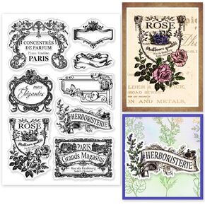 GLOBLELAND Vintage French Advertising Tags Clear Silicone Stamps for DIY Card Making Rose Silicone Transparent Seal Label Corner Frame Decorative Clear Stamps for Scrapbooking Album Decoration