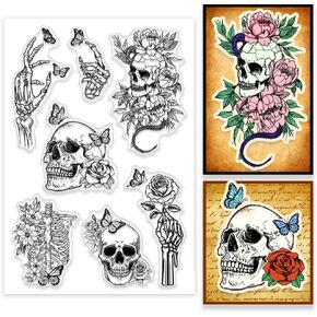 PH PandaHall Skeleton Clear Stamps for Halloween Card Making, Gothic Skull Rubber Stamps Skull Flower Butterfly Transparent Silicone Stamp Seals for Card Making DIY Scrapbooking 6.3x4.3 inches