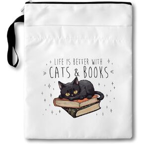 Book Sleeve Book Lover Gifts, Black Cat Book Protector with Zipper, 11 X 9 Inch Waterproof Book Covers for Paperbacks, Cats and Books Themed Book Pouch Gifts for Women Cat Lover Bookish Reader, c23