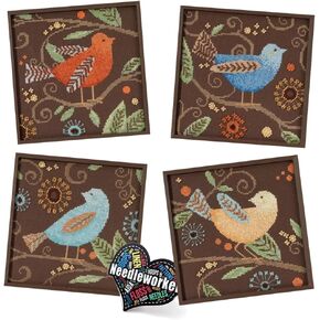 Debbie Mumm Cross Stitch Birds- Set of 4 Mill Hill 'Out On A Limb' Beaded Kits Plus Decorative 'Needleworker' Sticker