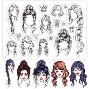 PH PandaHall Hairstyle Clear Stamps Set 17pcs Silicone Stamp Rubber Stamp for Journaling Transparent Stamps for Character Design Clear Silicone Stamps for Card Making Photo Album Decoration