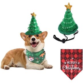2PCS Dog Cat Christmas Costume Christmas Tree Headband Bandana Scarfs Christmas Pet Costume for Puppy Kitty Christmas Pet Party Xmas Set Clothes (RED)