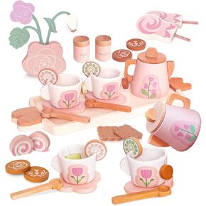 Wooden Tea Set for Little Girls, Pretend Play Tea Party Set Toy with 27 PCS Play Kitchen Accessories, Princess Tea Set Toy, Birthday Gift for Kids 2 3 4 5 Years Old, Improve Imagination