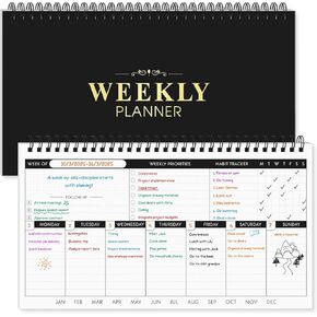 Weekly Planner, Black Undated Planner with Habit Tracker & Weekly Priorities, 11.2'' x 6.3'', Weekly To Do List with Dotted Pages for Organizing