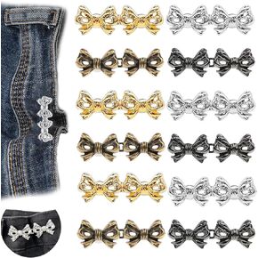 12 Sets Bowknot Pant Waist Tightener Reusable Waist Cincher Clip Detachable Alloy Bowknot Jeans Clip Buckles for Loose Jeans Clothing Dresses Skirts Tighten Waist No Sewing Decoration Accessories