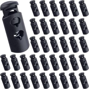 KIKOOD 40pcs Double Hole Plastic Cord Lock, Spring Slider Toggle Clip Stopper, Black Fastener Replacement for Drawstring Lanyard Shoelace Hoodie Sweatpants Backpack Tent Mask