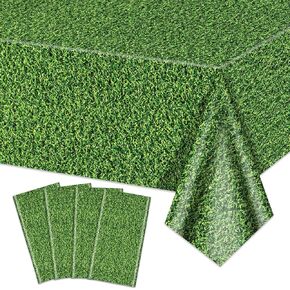 4Pcs Green Grass Tablecloths, 86.6"x51.2" Rectangular Grass Field Table Covers for Jungle Woodland Golf Soccer Football Event Sports Party Supplies
