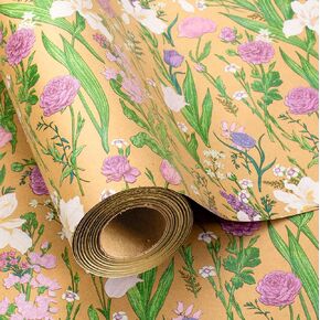 MAYPLUSS Kraft Floral Wrapping Paper Roll - 17Inch x 33Feet - Colorful Watercolor Boho Forest and Garden Flower Gift Wrap Green Wedding Gift Wrap for Birthday, Mothers Day, Bridal Shower, Engagement