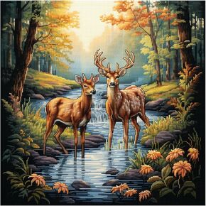 Xinpinzhou Fawn 11ct Cross Stitch Kits, 11 CT Funny Pre Printed Counted Stamped Cross Stitch Embroidery Needlepoint Deer Animals Patterns Kits for Beginners Adults Crossstitch 40 x 40 cm