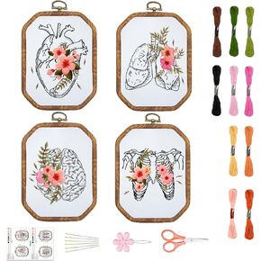 ORIGACH 4 Set Embroidery Kit for Beginners Adults, DIY Human Organ with Flowers Embroidery Starter Kit with Stamped Patterns Instructions Embroidery Hoop Needles Threads for Crafting
