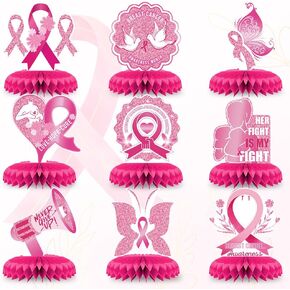 Hying 12PCS Breast Cancer Awareness Honeycomb Table Centerpiece for Home Party, Fight Cancer Theme Pink Ribbon Breast Cancer Table Topper Centerpiece Decorations for Table Decor Charity Party Supplies