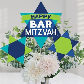 Big Dot of Happiness Blue Bar Mitzvah - أعواد مركزية لحفلات الأولاد - أغطية الطاولة - مجموعة من 15 قطعة